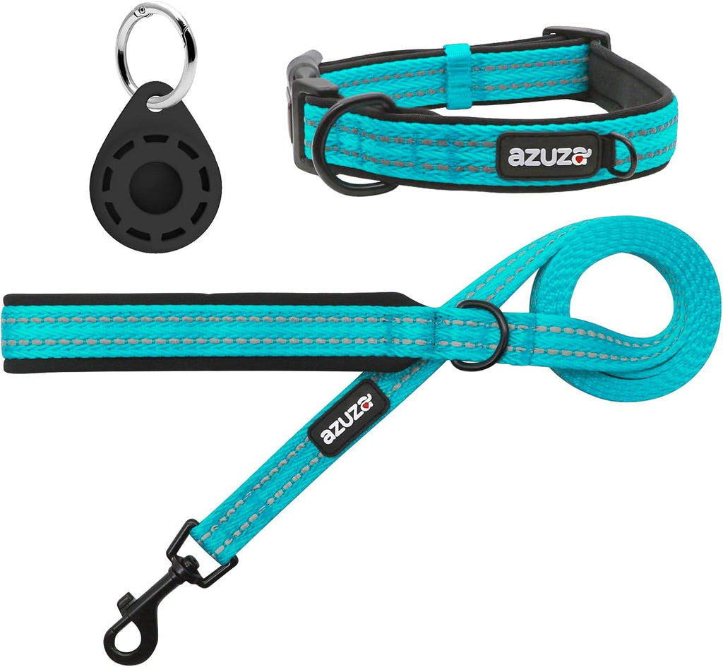 Premium Dog Leash & Collar Set – Soft Padded, Reflective with Built-In AirTag Holder for Medium Dogs, Blue