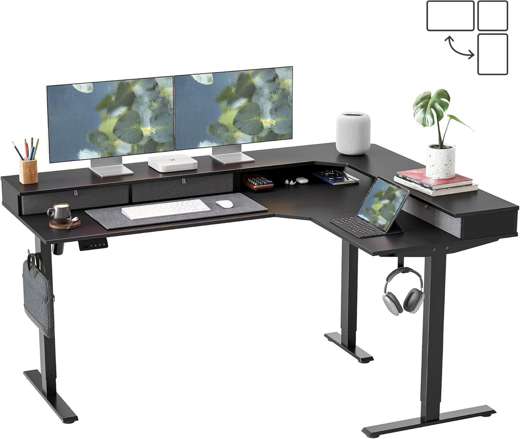 L Shaped Electric Standing Desk, 63 X48 Inch Large with Drawers | Reversible Tabletop, 2 Memory Height Settings | Home Office & Gaming Height-Adjustable Table, Black Top/Black Frame（2 Packages）