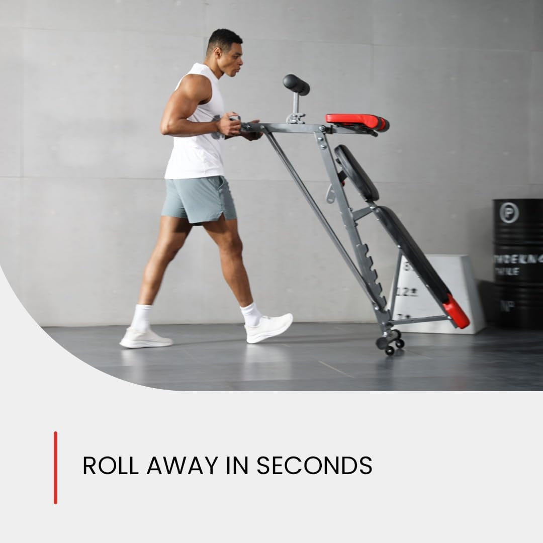 Finer Form Adjustable FID Weight Bench & Roman Chair, 1,000 lb Capacity, 23 Position Flat/Incline/Decline Workout Bench for Full Body Strength Training, Home Gym with Transport Wheels