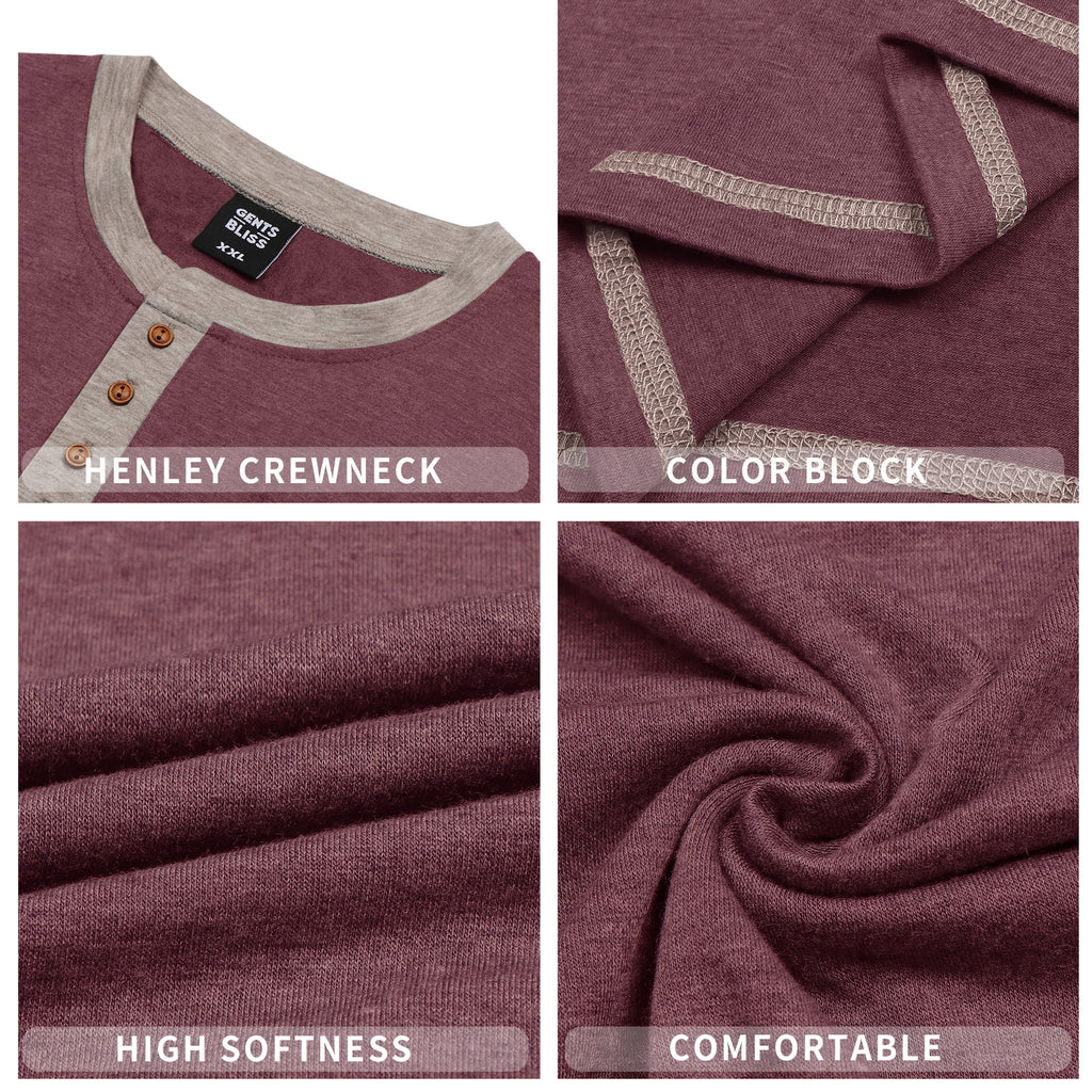 Men's Long Sleeve Henley Shirt, Casual Crew Neck Color Block Top, Soft Lightweight Pullover Shirt for Everyday Wear, Fall & Winter