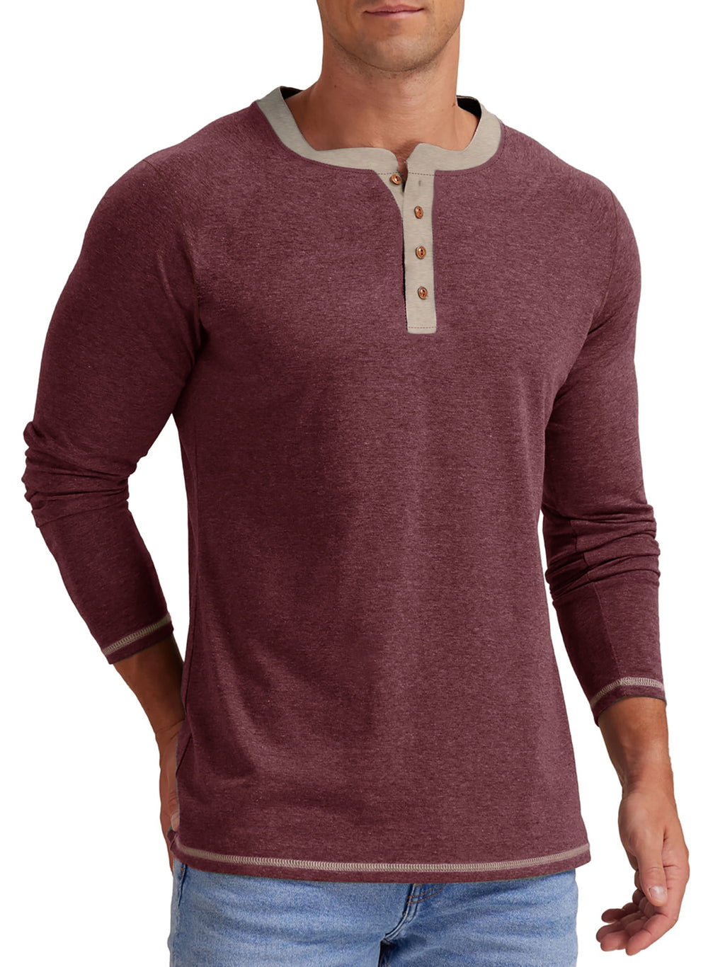 Men's Long Sleeve Henley Shirt, Casual Crew Neck Color Block Top, Soft Lightweight Pullover Shirt for Everyday Wear, Fall & Winter