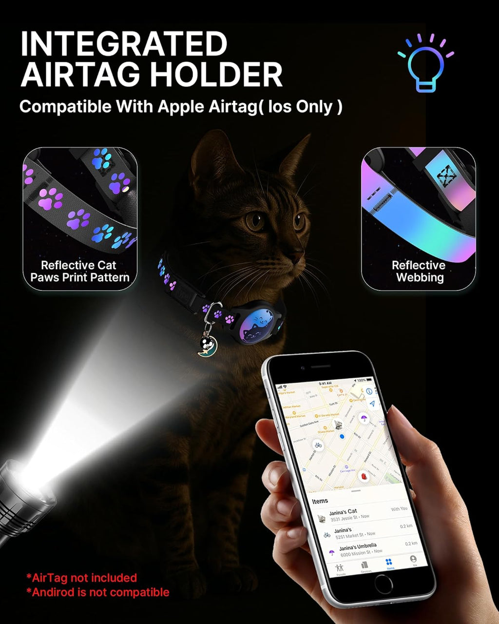 2-Pack Breakaway AirTag Cat Collar – Reflective Waterproof Collar with Built-In AirTag Holder & Bell, Adjustable 8–12", Lightweight & Comfortable