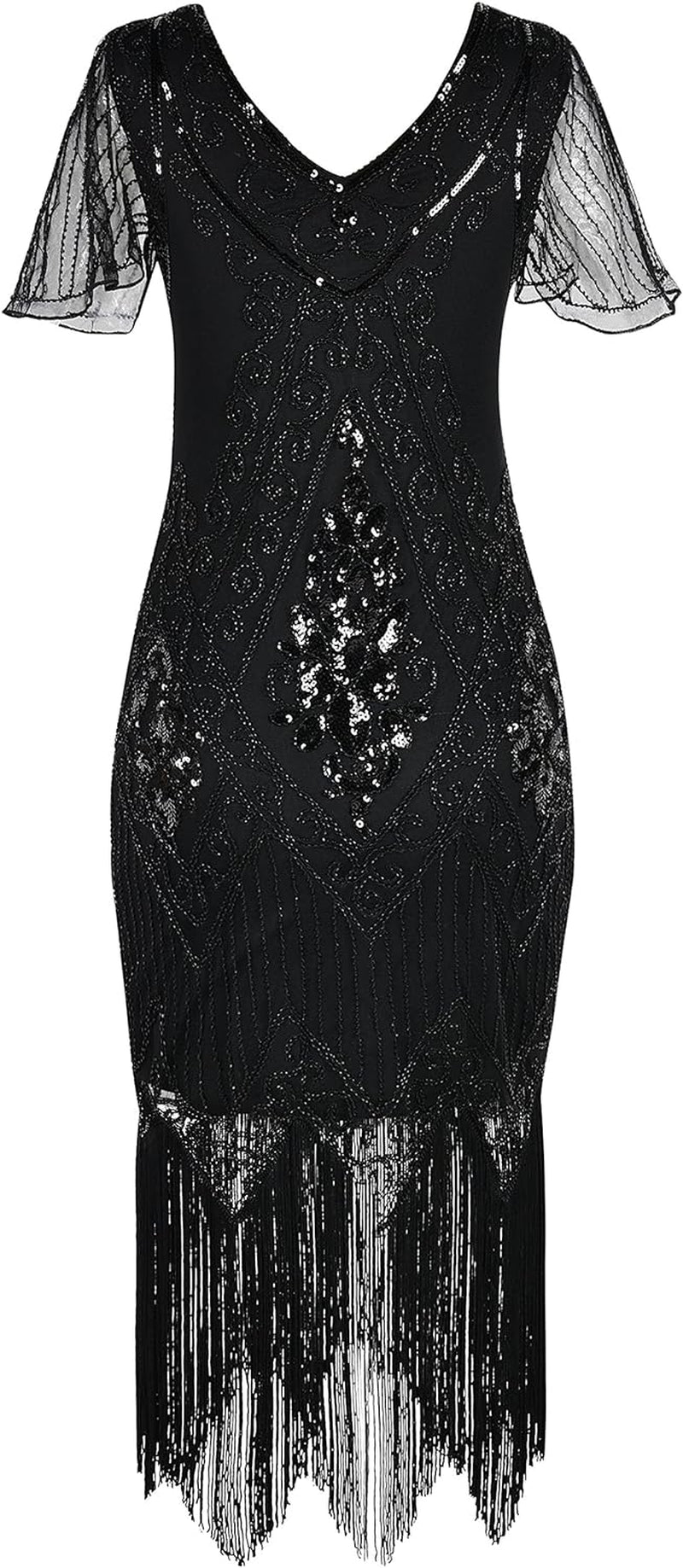 Women's Great Gatsby 1920s Flapper Dress with Sleeves, Elegant Art Deco Sequin Cocktail Dress for Vintage Parties, Weddings, Proms & Evening Wear