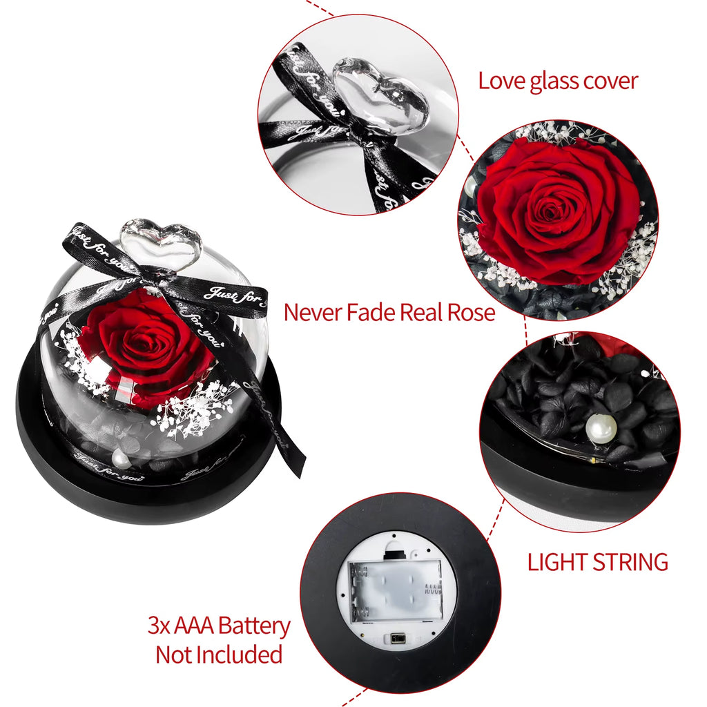 Eternal Rose in Heart-Shaped Glass Dome with LED Light, Preserved Forever Flower Gift for Mom, Wife, Girlfriend, Valentine's Day, Birthday, Anniversary & Wedding