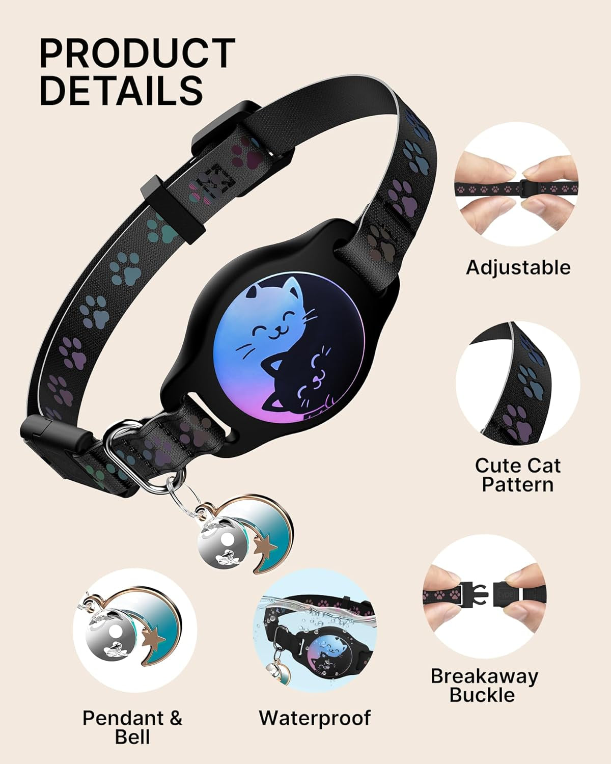 2-Pack Breakaway AirTag Cat Collar – Reflective Waterproof Collar with Built-In AirTag Holder & Bell, Adjustable 8–12", Lightweight & Comfortable