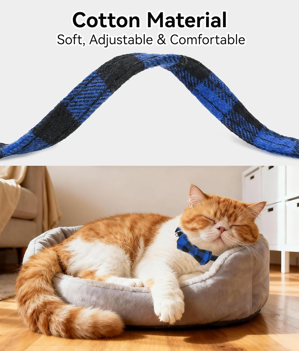 Upgraded Breakaway Cat Collar with Bow Tie & Bell – Adjustable Safety Plaid Kitten Collar for Boy & Girl Cats, Blue