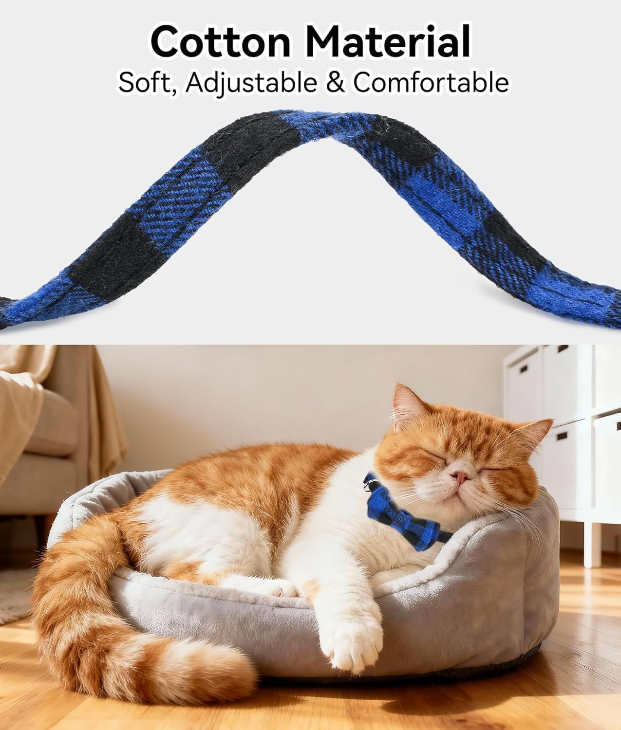 Upgraded Breakaway Cat Collar with Bow Tie & Bell – Adjustable Safety Plaid Kitten Collar for Boy & Girl Cats, Blue