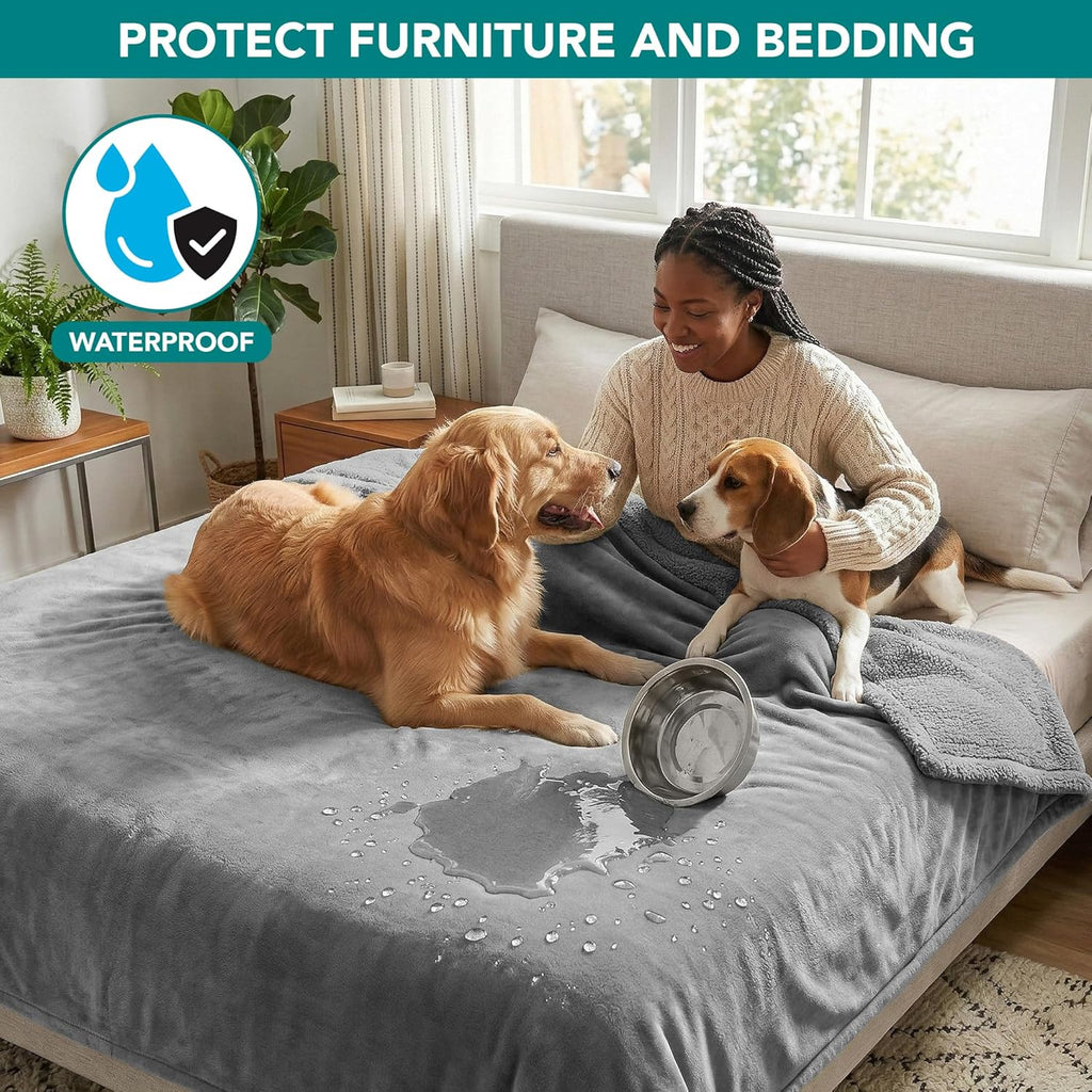 Waterproof Dog Blanket for Large Dogs & Cats – Queen Size 90" x 90" Reversible Sherpa Fleece Pet Blanket, Pee-Proof Furniture Protector for Bed, Sofa & Kennel, Light Grey