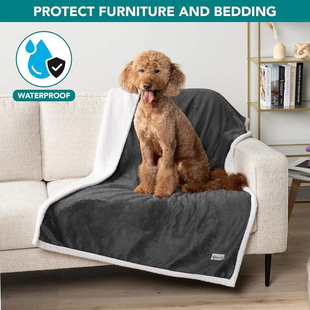 Waterproof Dog Blanket for Small Dogs & Cats – 29" x 40" Reversible Sherpa Fleece Pet Blanket, Pee-Proof Furniture Protector for Couch, Sofa & Kennel, Washable, Charcoal