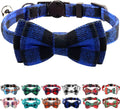 Upgraded Breakaway Cat Collar with Bow Tie & Bell – Adjustable Safety Plaid Kitten Collar for Boy & Girl Cats, Blue
