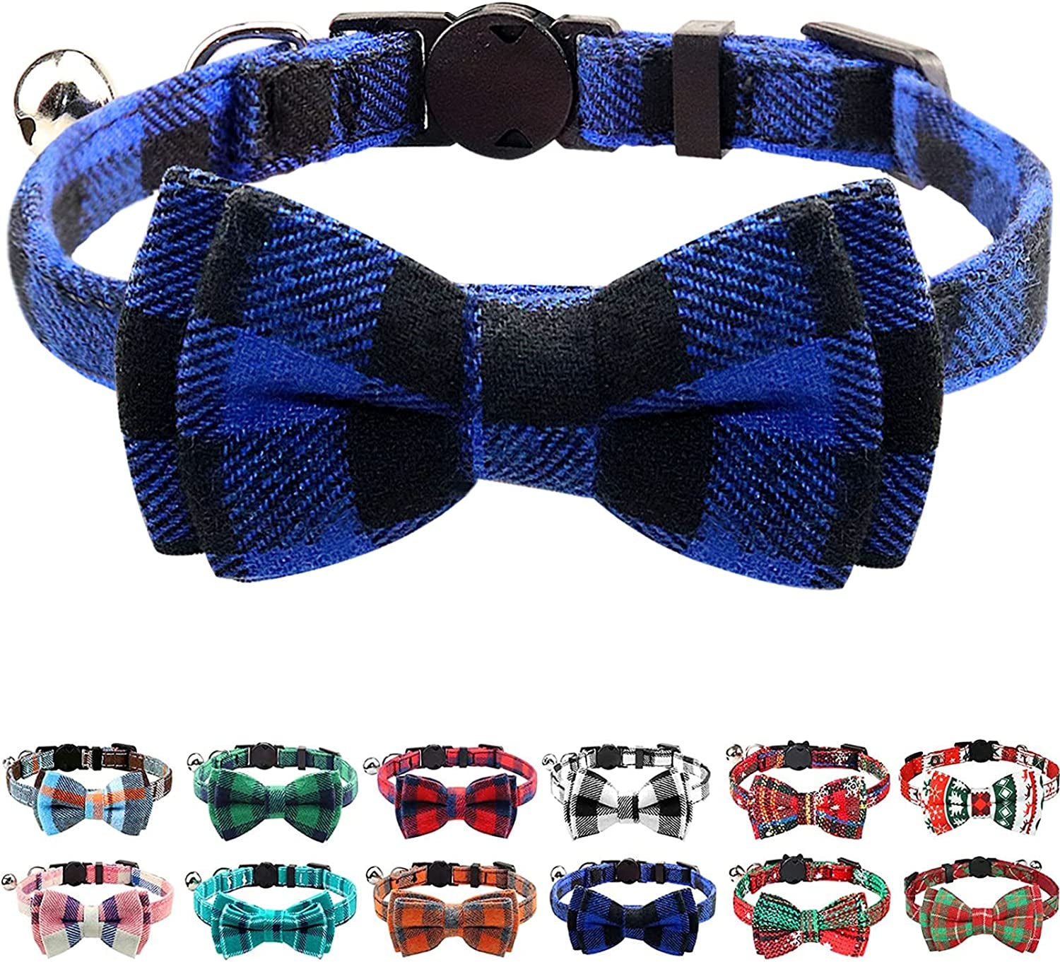 Upgraded Breakaway Cat Collar with Bow Tie & Bell – Adjustable Safety Plaid Kitten Collar for Boy & Girl Cats, Blue