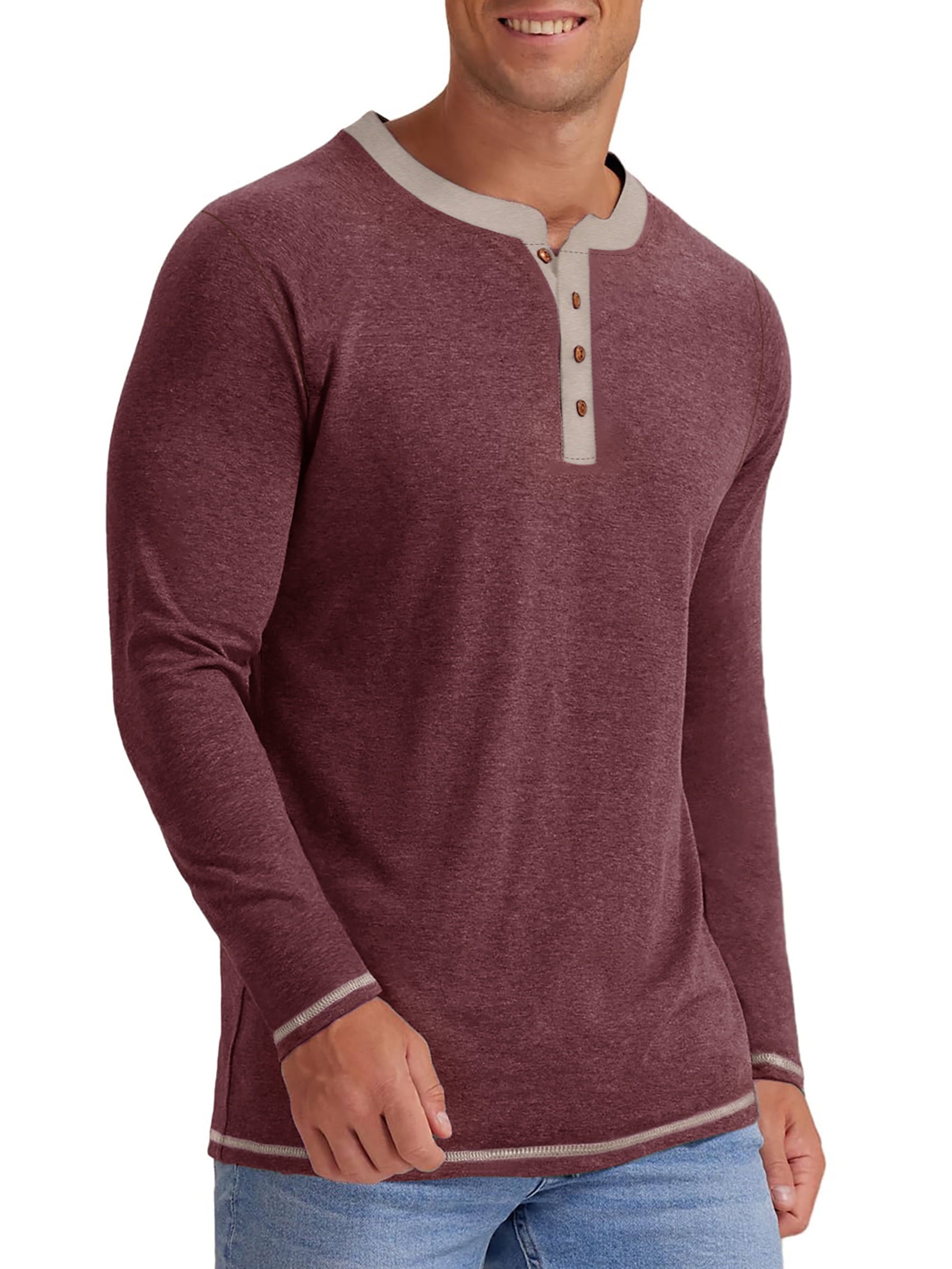 Men's Long Sleeve Henley Shirt, Casual Crew Neck Color Block Top, Soft Lightweight Pullover Shirt for Everyday Wear, Fall & Winter