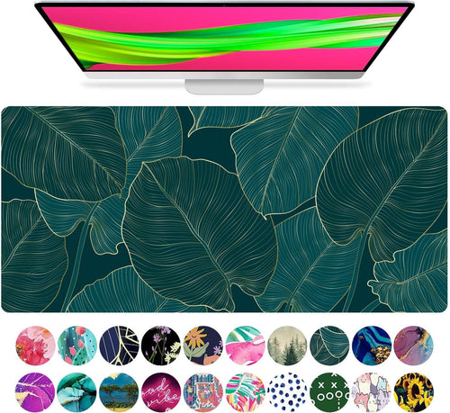 XL Large Mouse Pad with Green Leaves Design, Extended Desk Mat for Keyboard & Mouse, Non-Slip Computer Desk Pad for Home, Office, School & Gaming