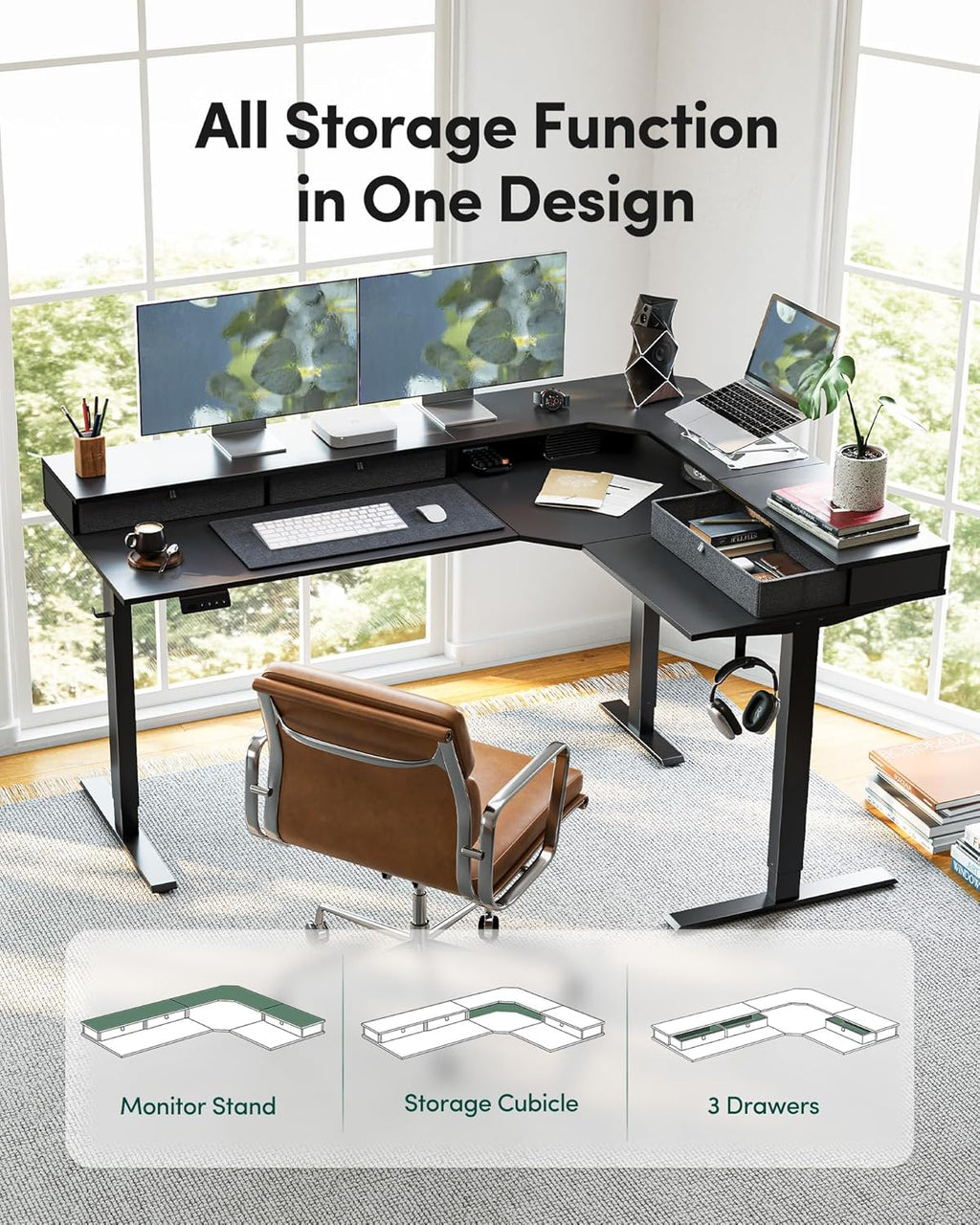 L Shaped Electric Standing Desk, 63 X48 Inch Large with Drawers | Reversible Tabletop, 2 Memory Height Settings | Home Office & Gaming Height-Adjustable Table, Black Top/Black Frame（2 Packages）